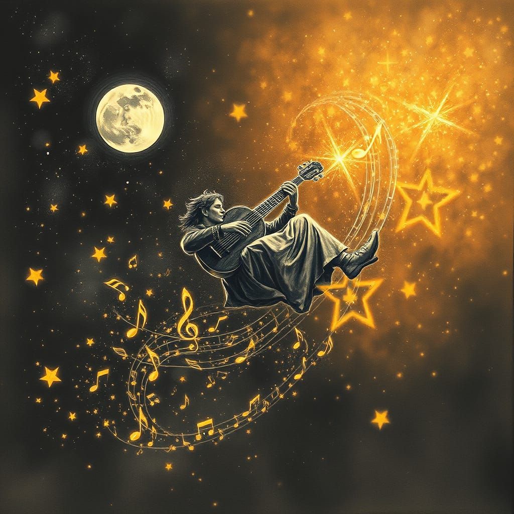 Lute Player Soars Through Starry Sky Releasing Music