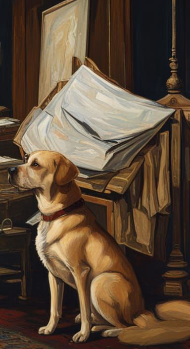 Hyperrealistic Dog Painting in Ornate Japanese Setting