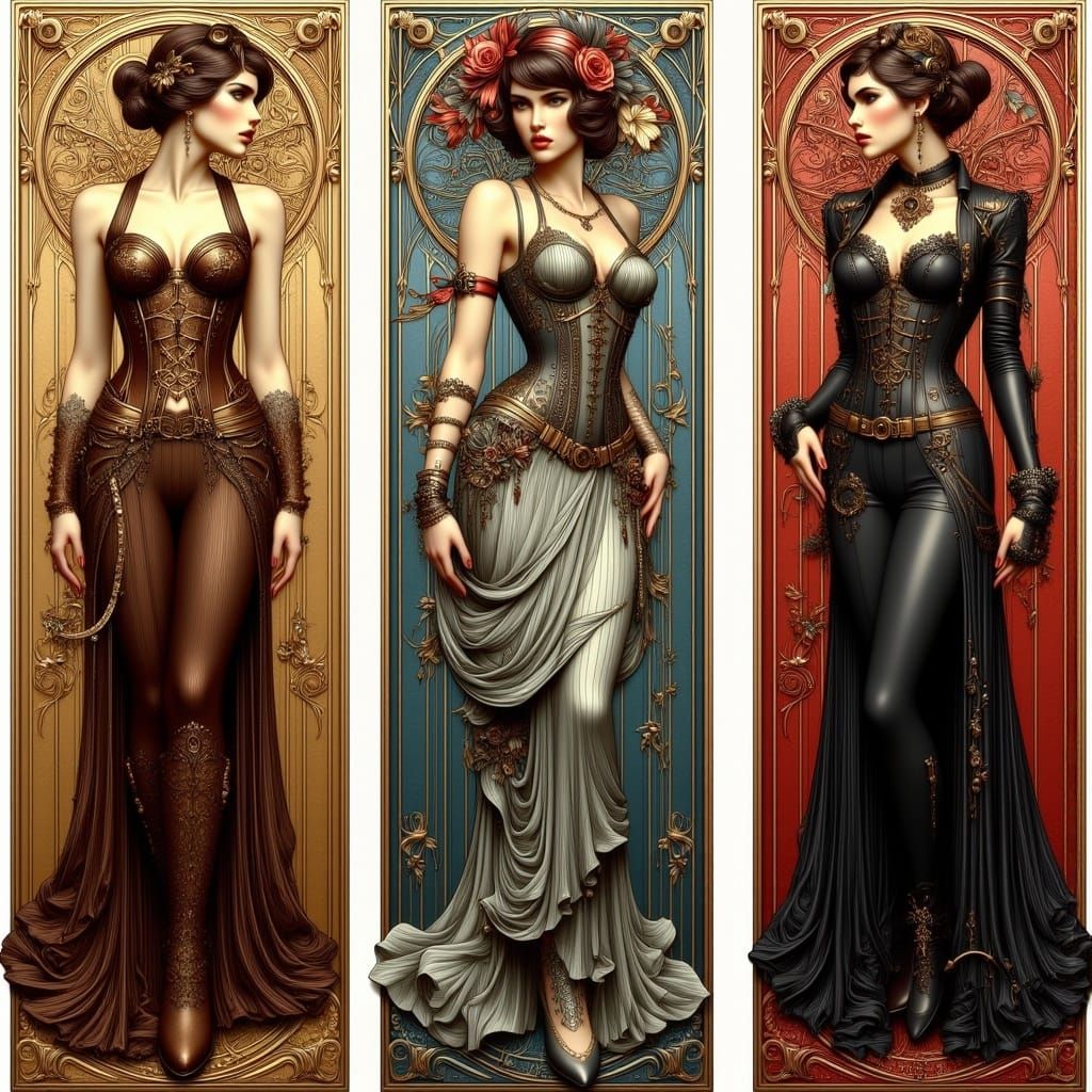 Romantic Art Nouveau Women in Triptych