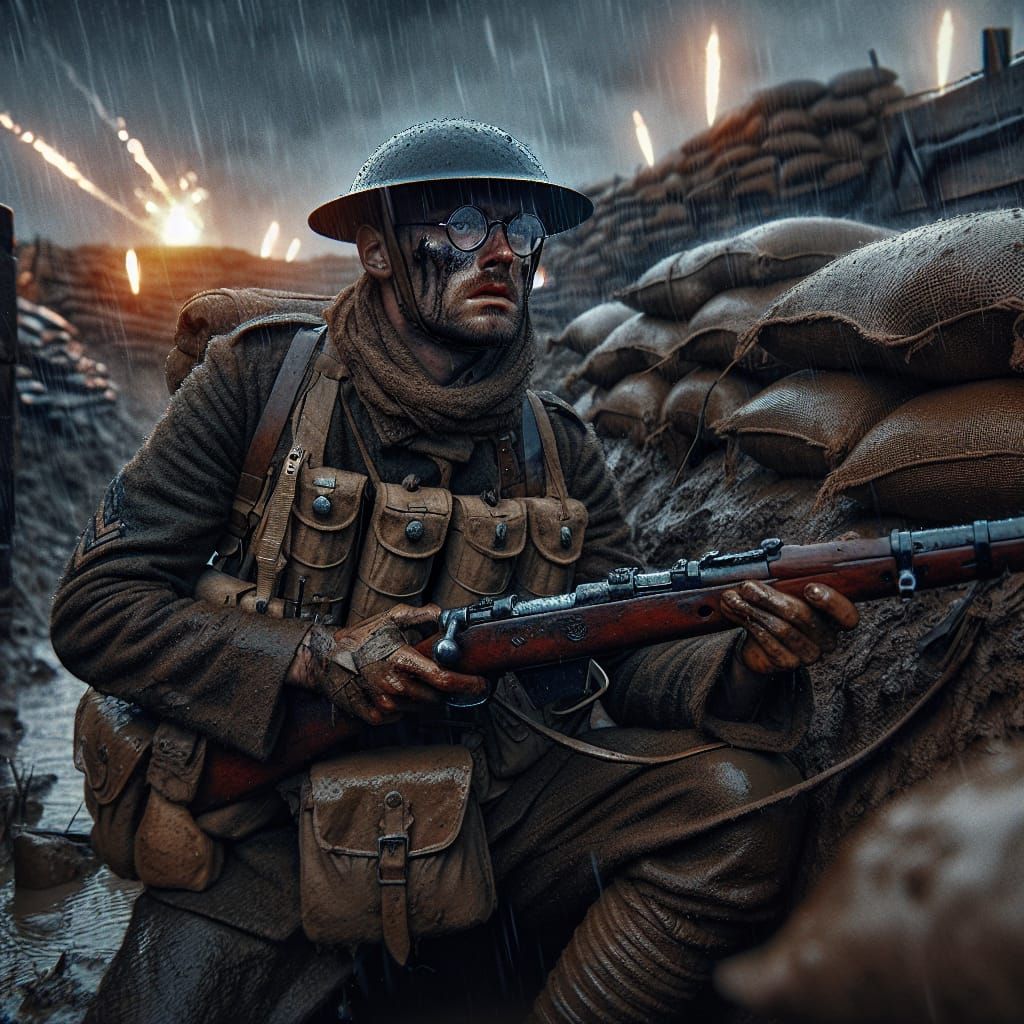 British Soldier in WWI Trench on Rainy Night