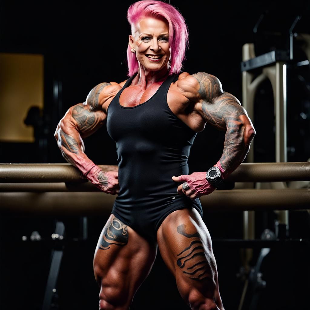 Ripped Female Bodybuilder Portrait with Pink Hair
