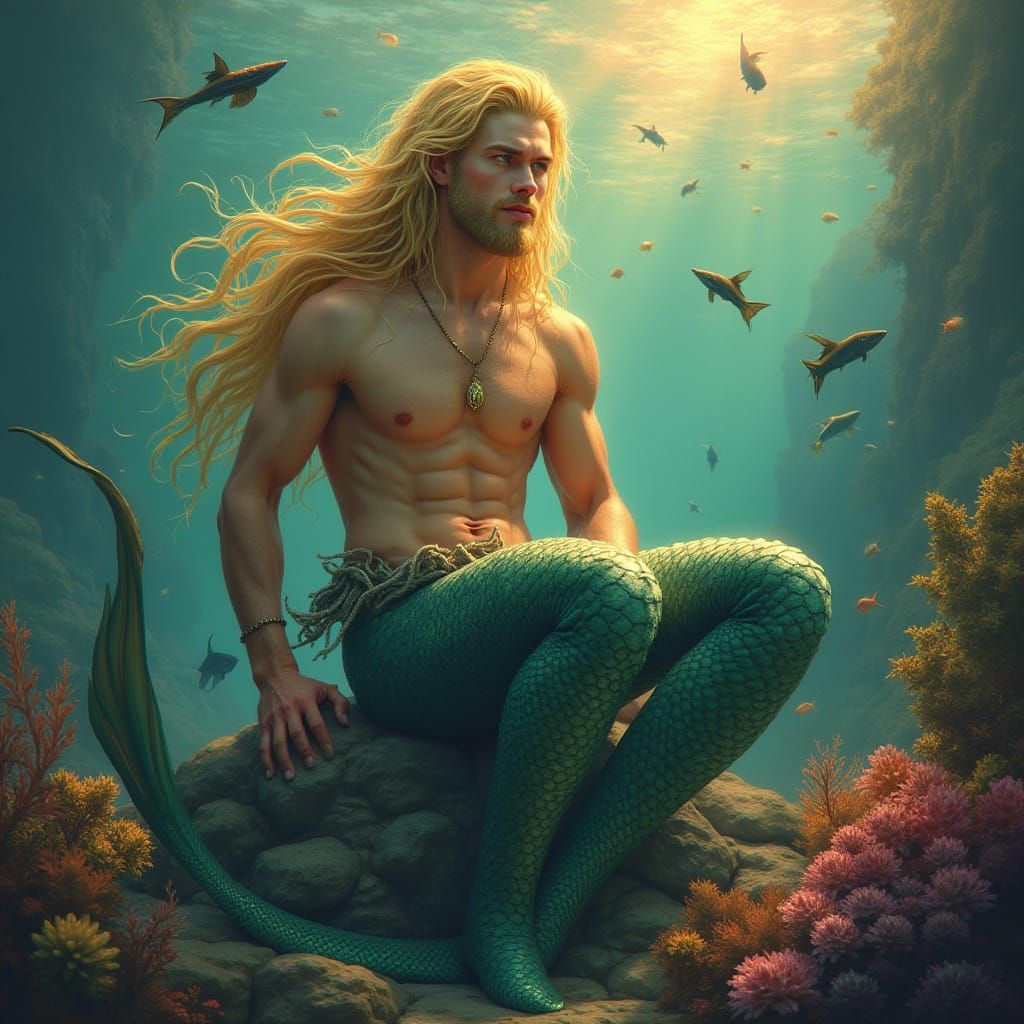 Majestic Golden Merman in Fantastical Realism