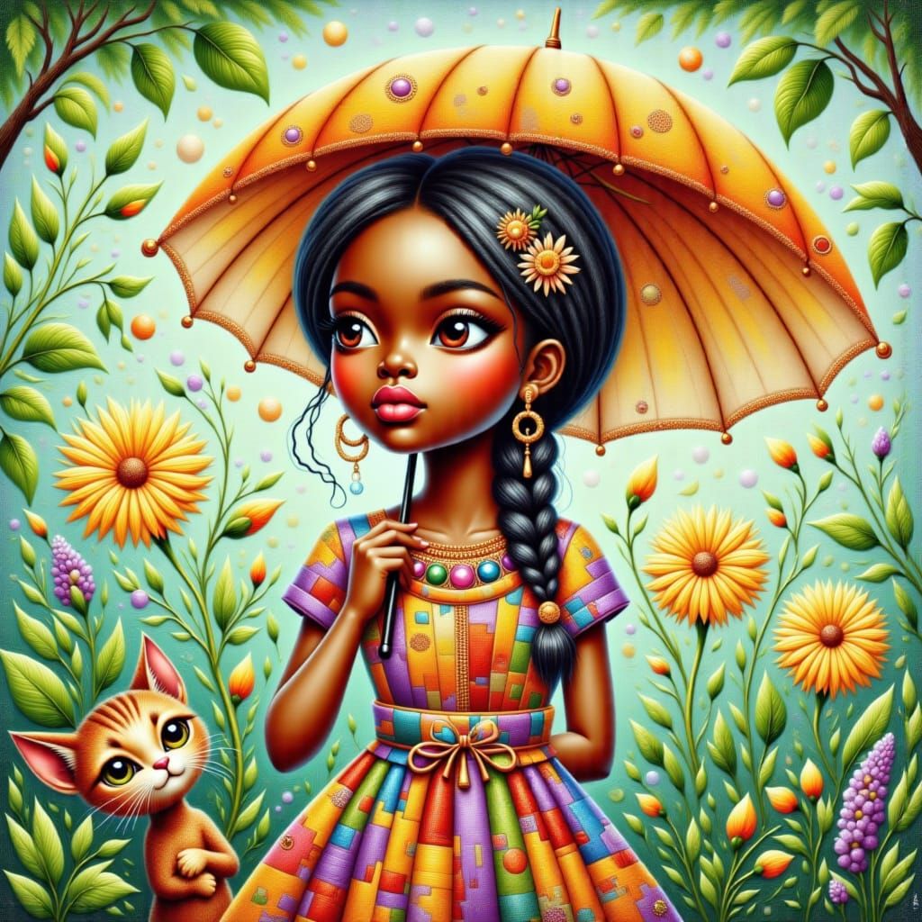 Girl with Dandelion Umbrella, Dreamy Art Style