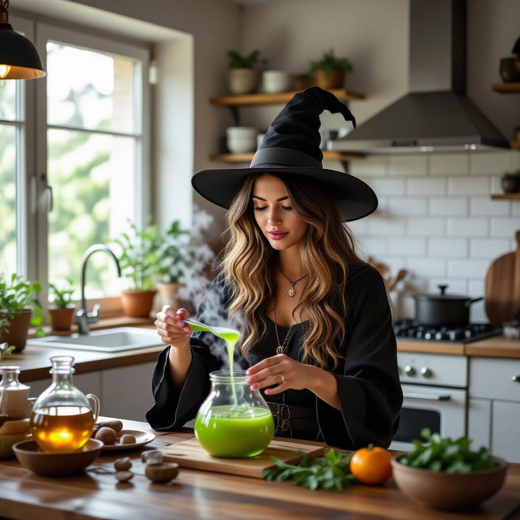 Witch Brewing Potions in Modern Kitchen