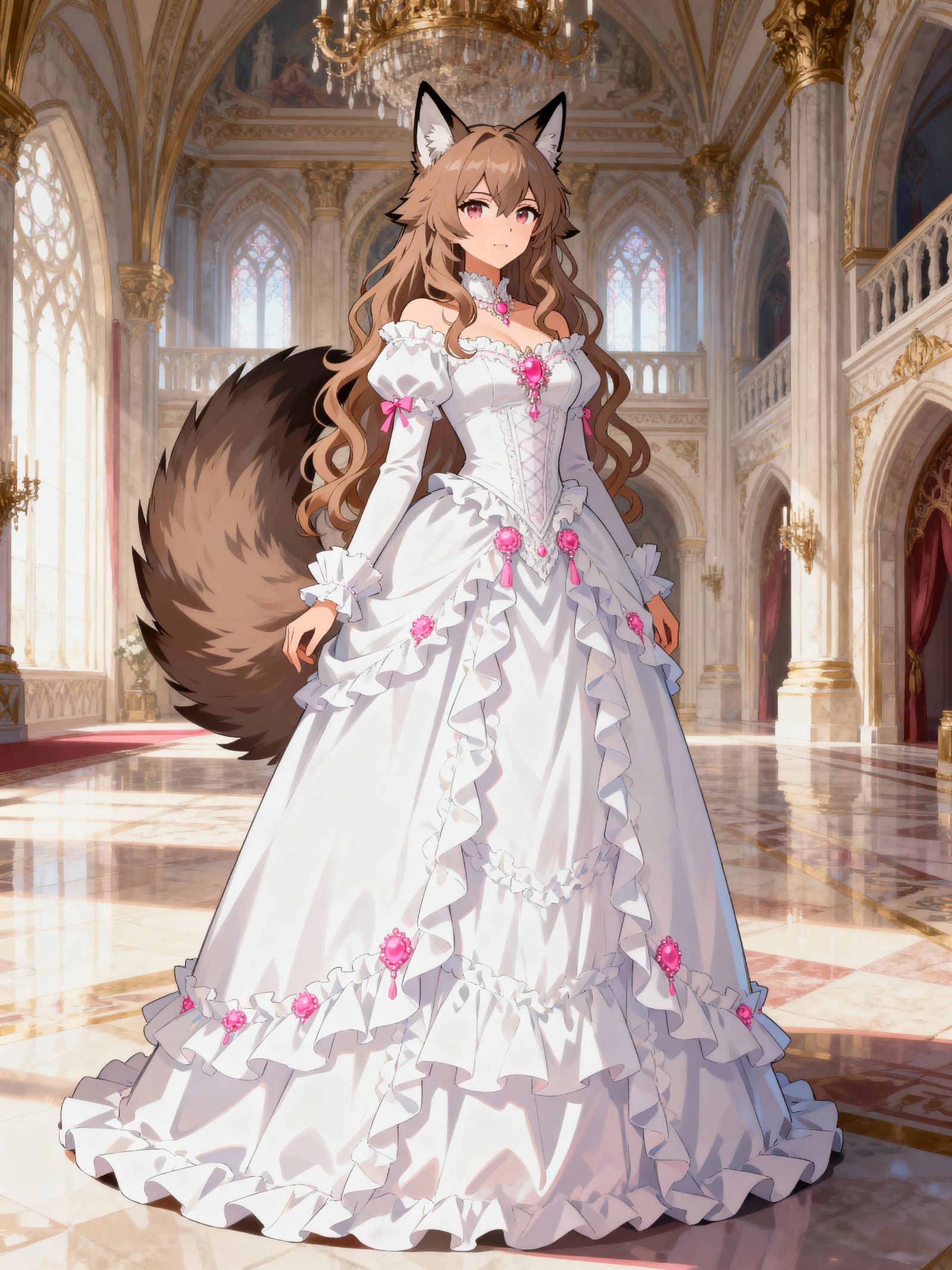 Anime Wolf-Girl in Royal Dress in Castle Hall