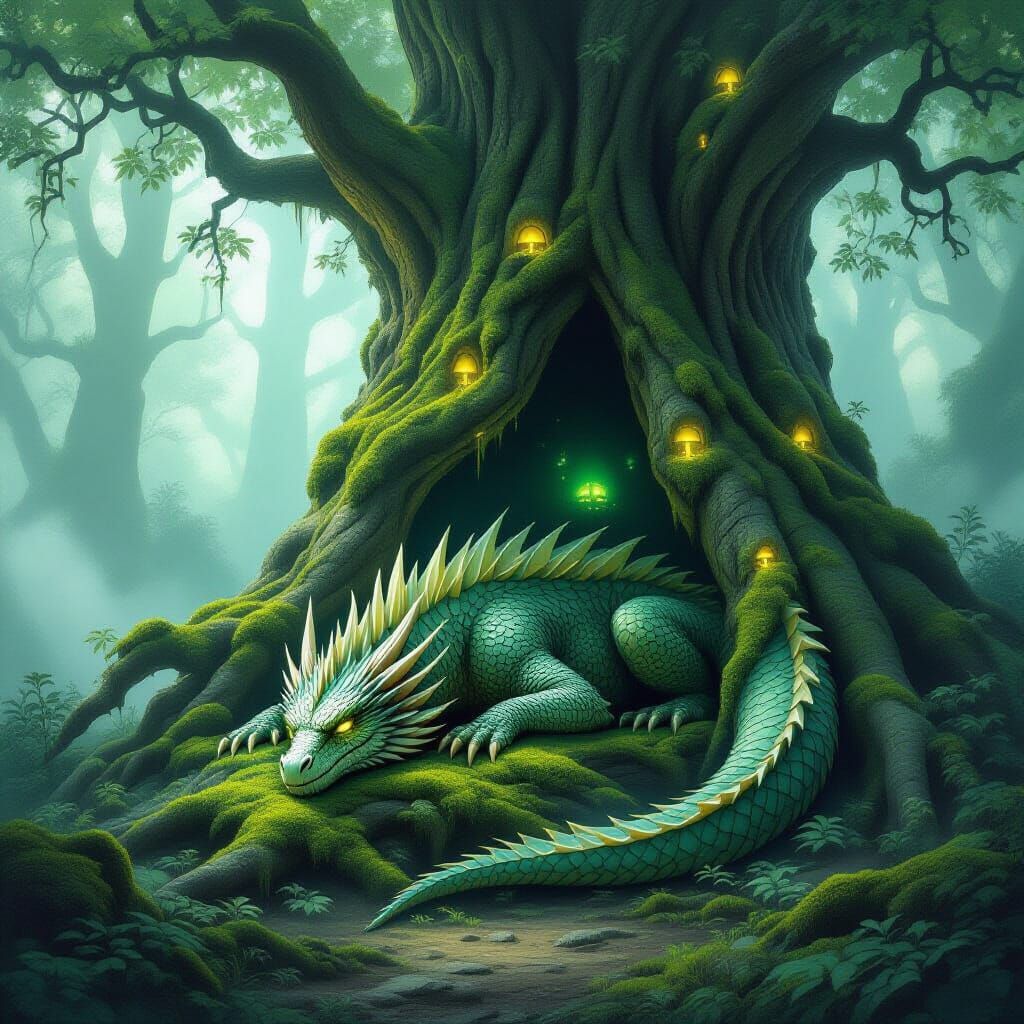Ancient Dragon Slumbers in Foggy Forest with Glowing Fungi