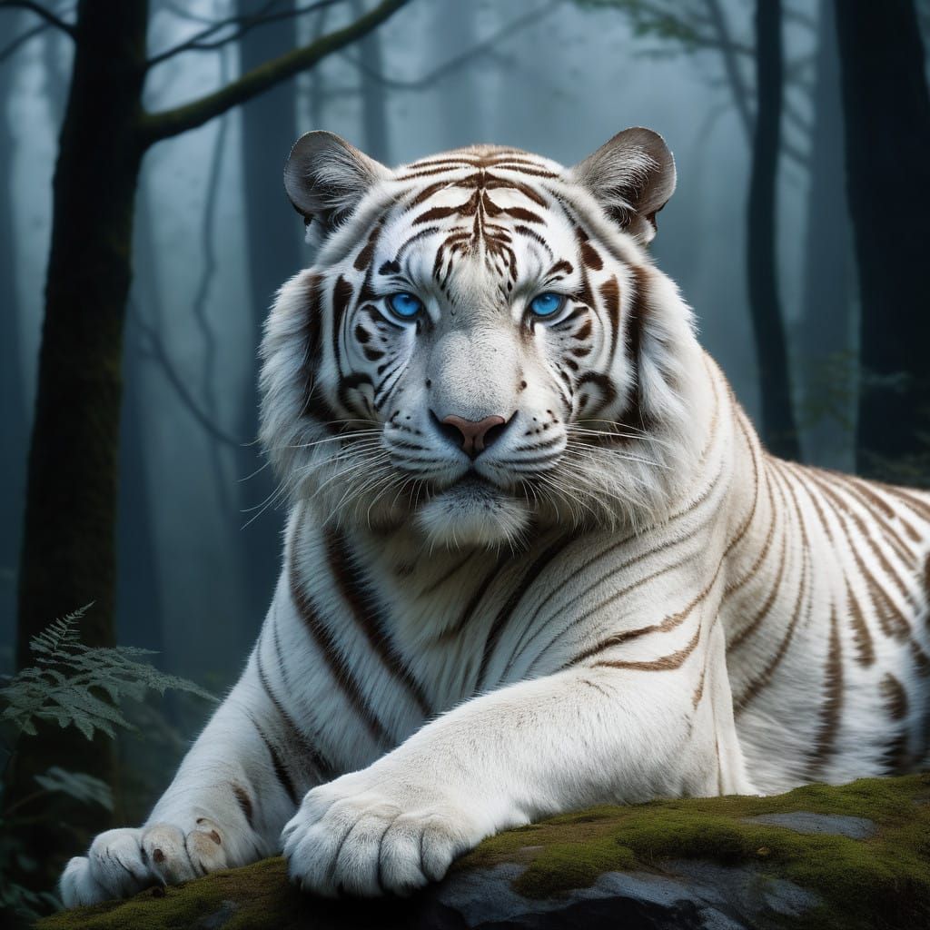 Regal White Tiger Radiates Power and Majesty in Dark, Myster...