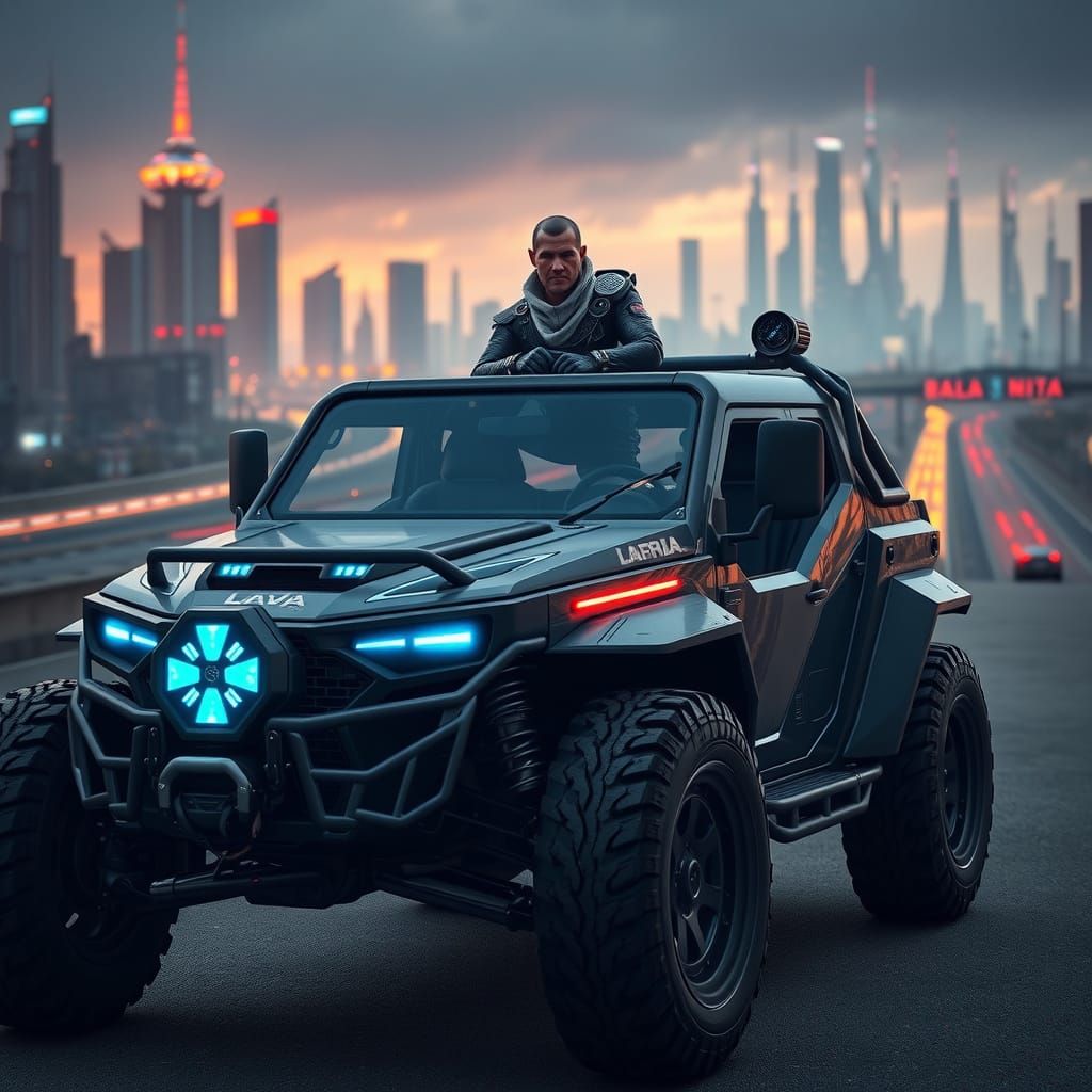 Rivet Behind the Wheel of a Futuristic Lada Niva in Sci-Fi C...
