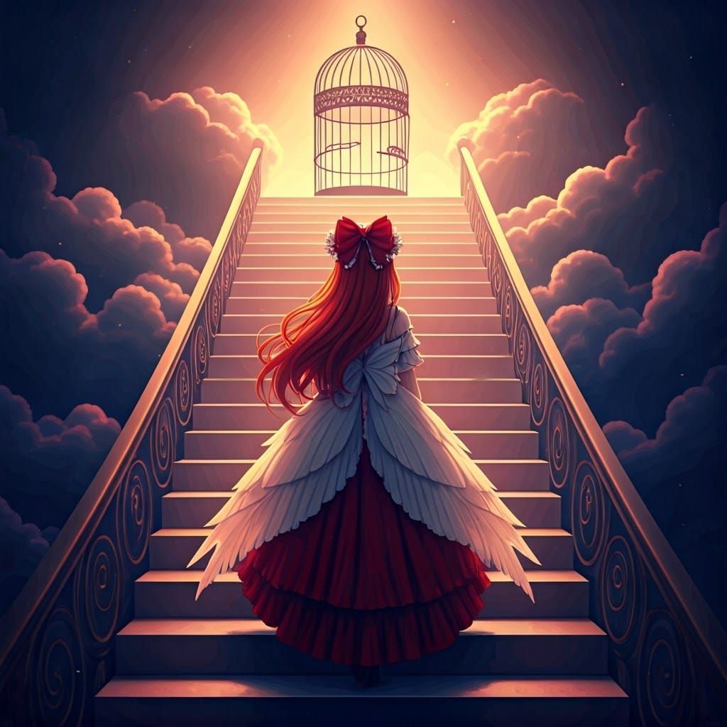 Ginger Goddess Ascends Celestial Birdcage in Anime Style