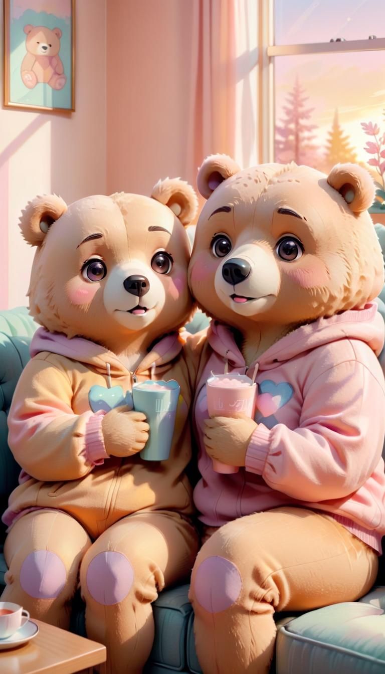 Pastel Anime Bears Relaxing on Couch in Kawaii Style