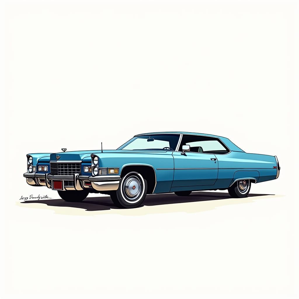 Vintage Blue Cadillac Illustration in Retro-Futuristic Style