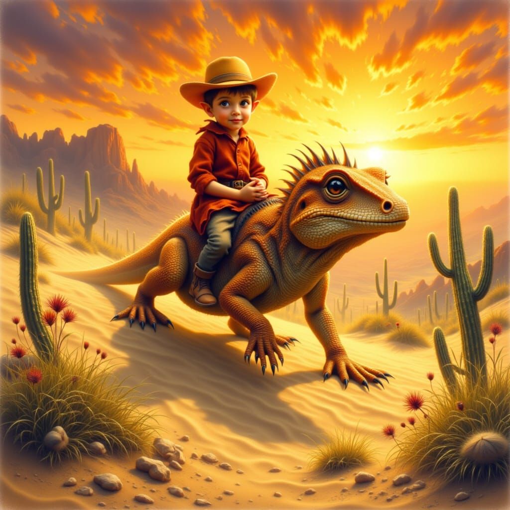 Elf Boy Rides Lizard Through Desert Sunset