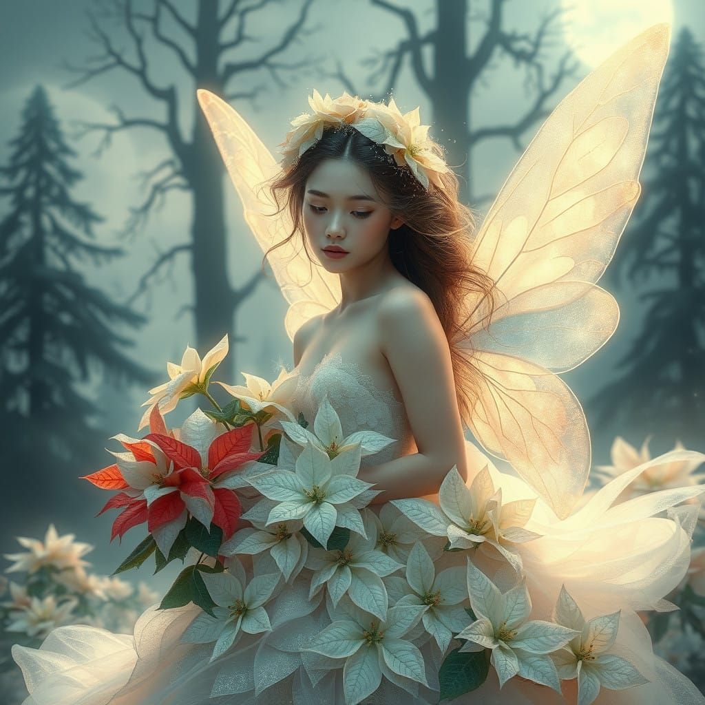 Ethereal Fairy in Luminous Poinsettia Gown Against Moonlit S...