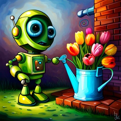 Cute Robot Waters Tulip: Graffiti Art Style