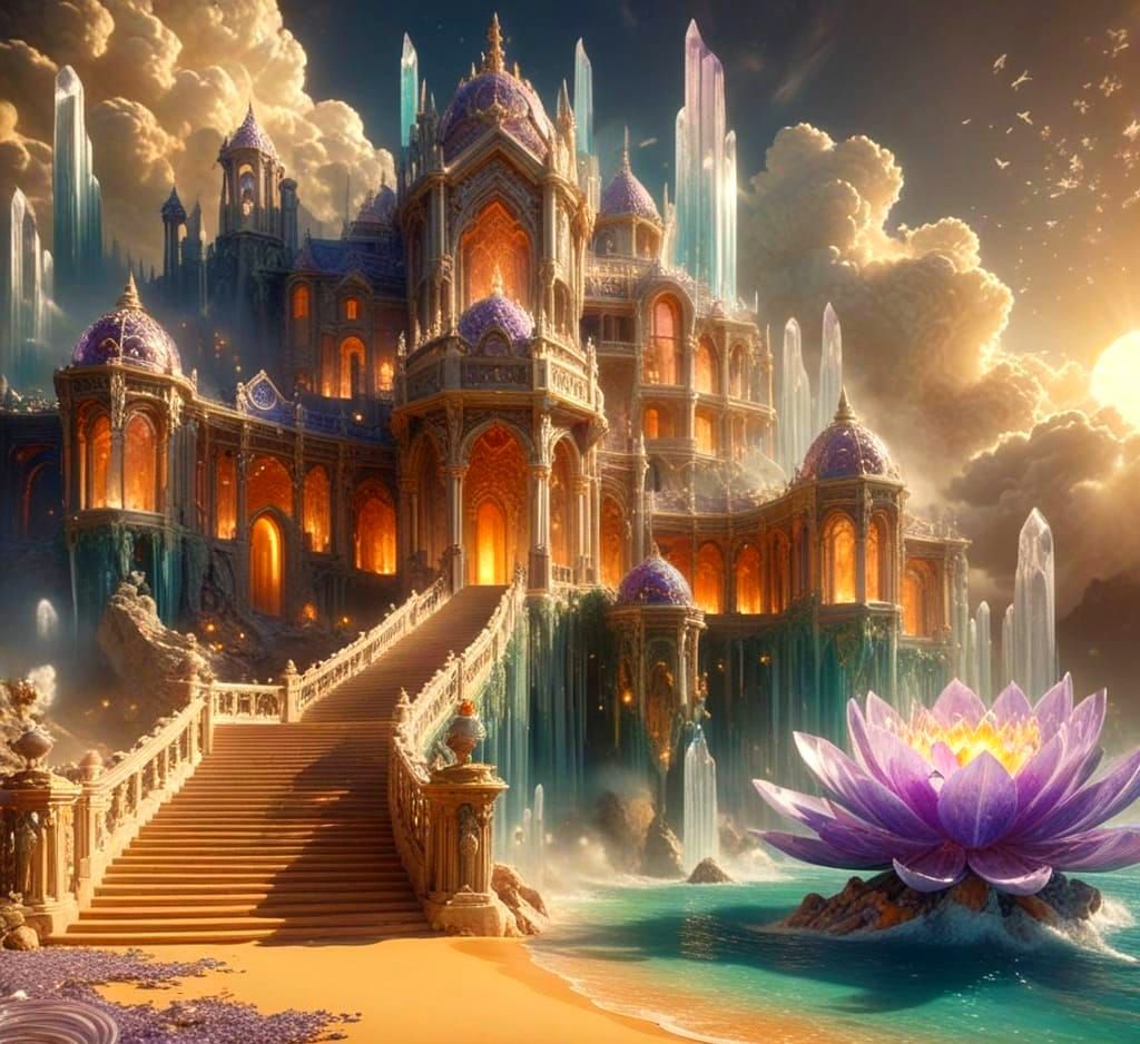 Extravagant Gemstone Mansion Amidst Celestial Scenery