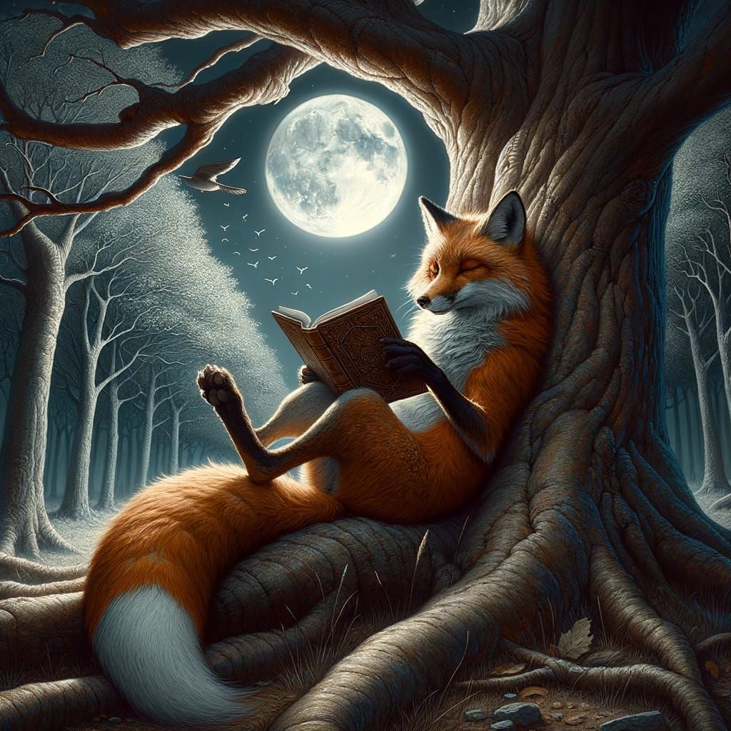 Fox Reading Book Under Moonlit Tree