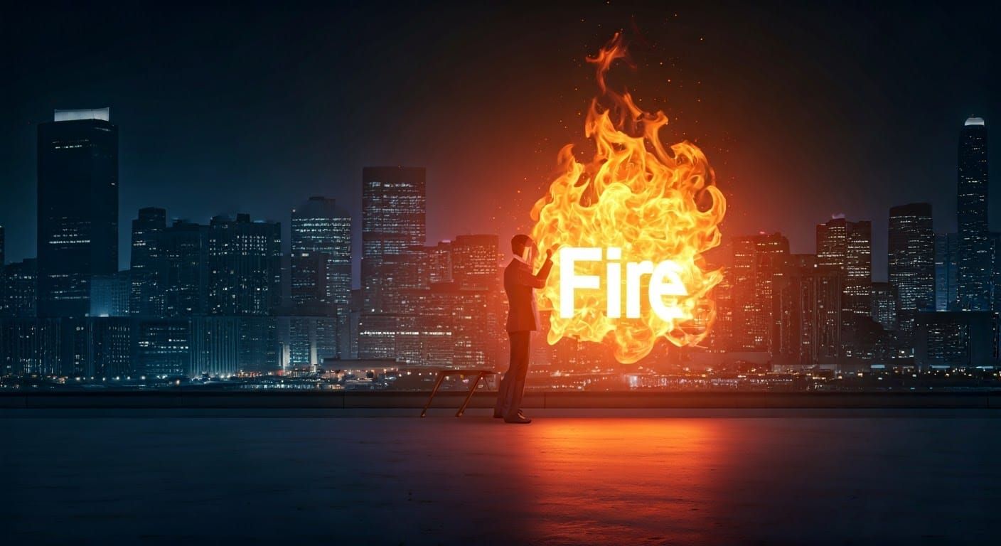 Flame King Builds Fire Sign in Cyberpunk Cityscape