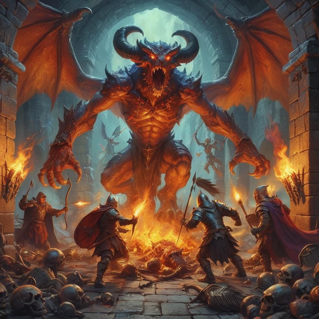 Demonic Balrog Confrontation in Stone Dungeon Digital Oil Pa...