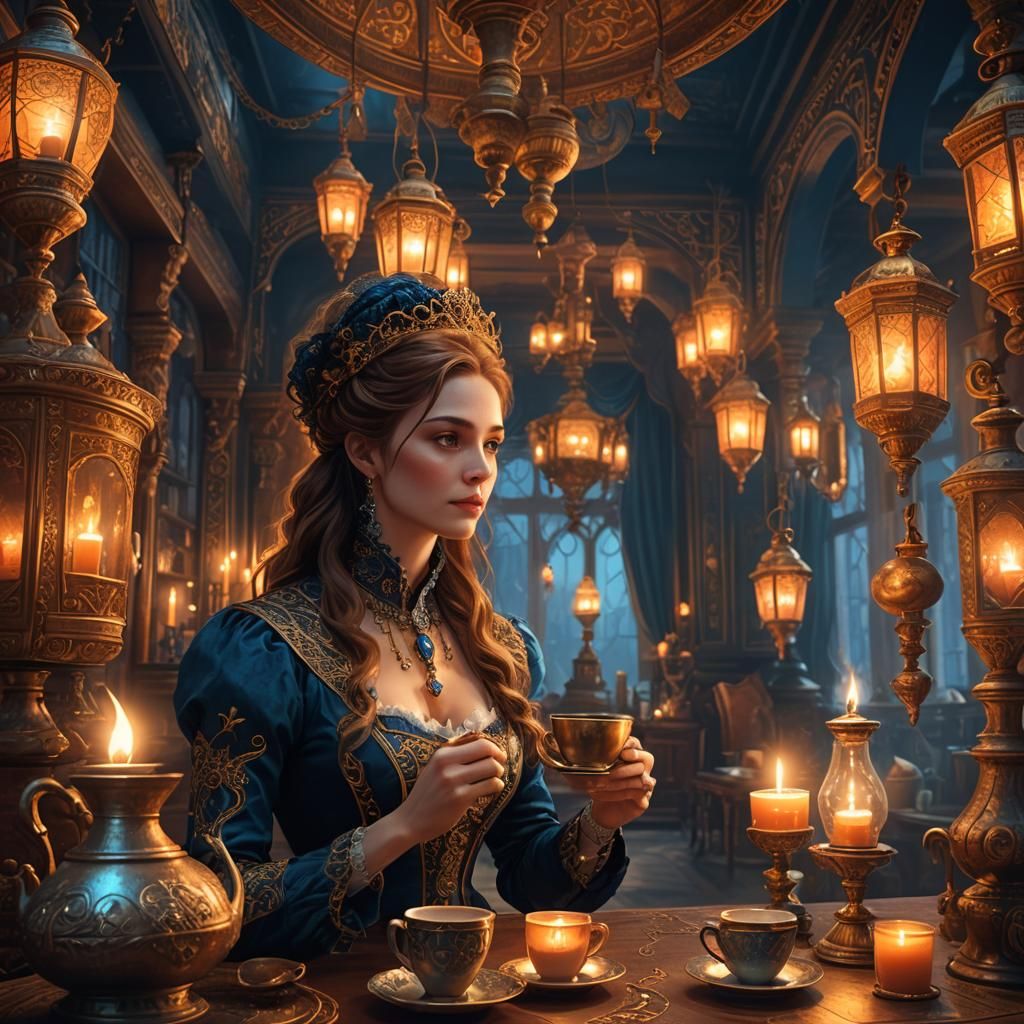 Victorian Woman Taking Coffee in Mystical Room