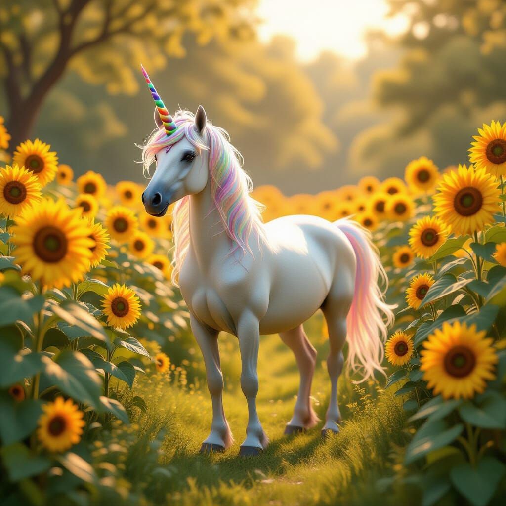 Majestic Alicorn in Golden Garden: Hyperrealistic Art