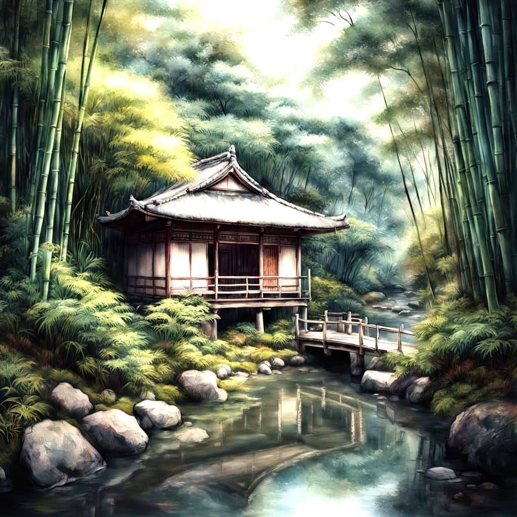 Serene Teahouse in Bamboo Forest: Watercolor Art
