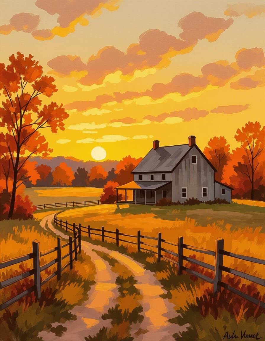 Serene Autumn Farmhouse at Golden Sunset, Impressionist Styl...