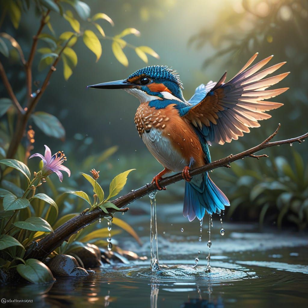 Elegant Kingfisher Perched on Dewy Branch