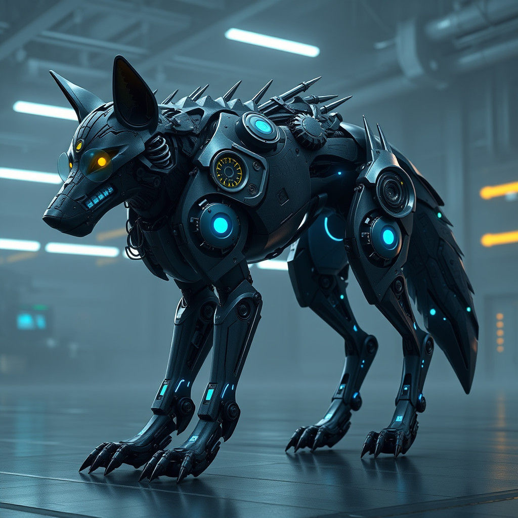 Metallic Wolf-Robot Hybrid in Cyberpunk Laboratory