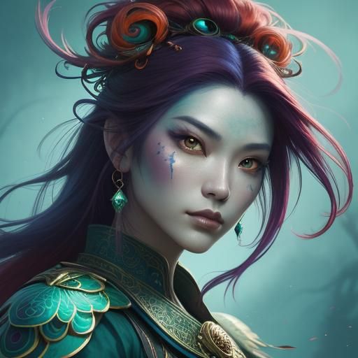Asian Woman with Peacock Feathers, Fantasy Concept Art