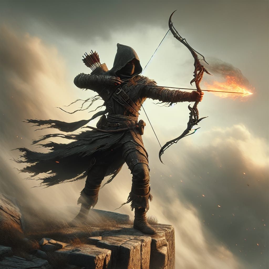 Ethereal Assassin Launches Fiery Arrow from Cliff's Edge