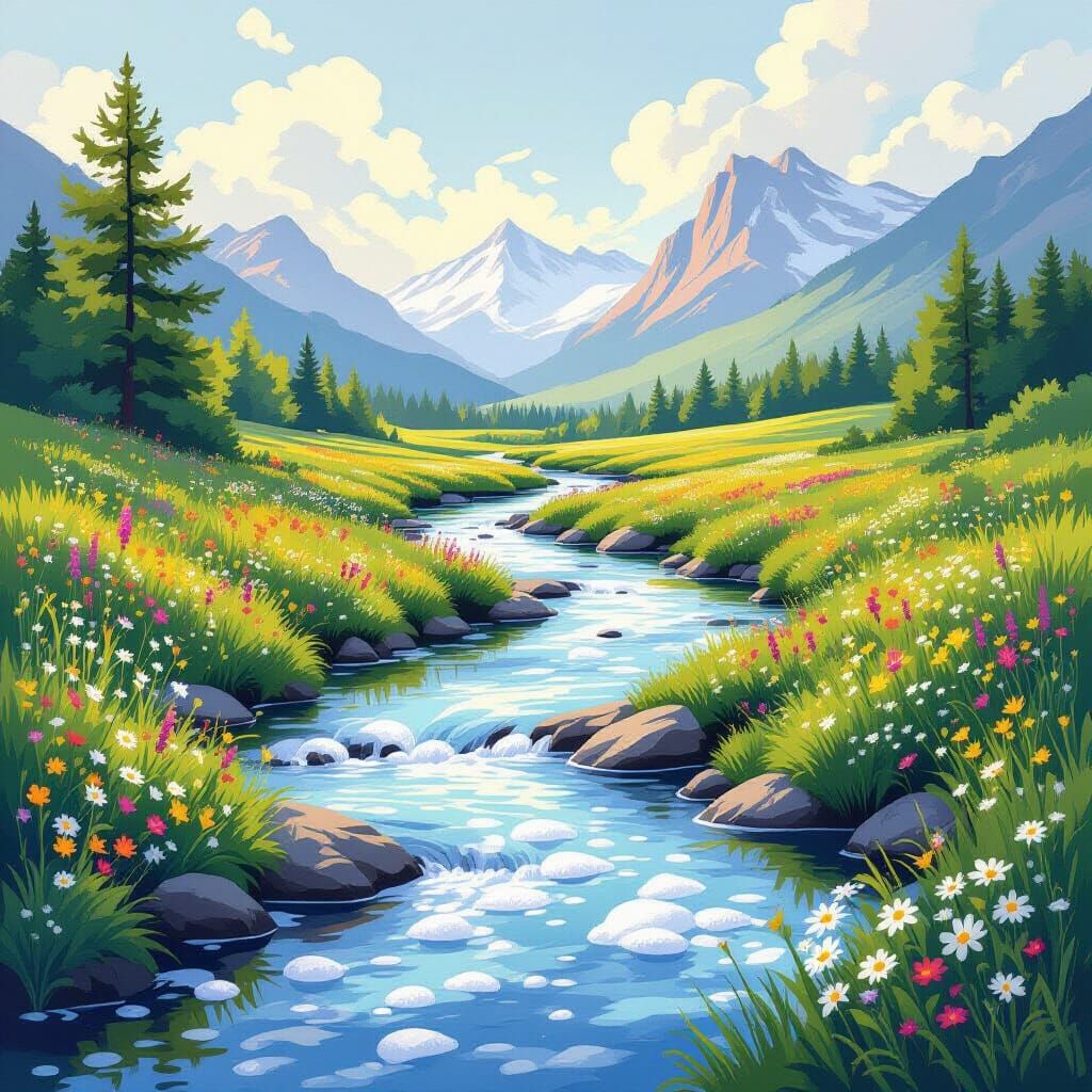 Dreamy River Landscape in Airbrush Style