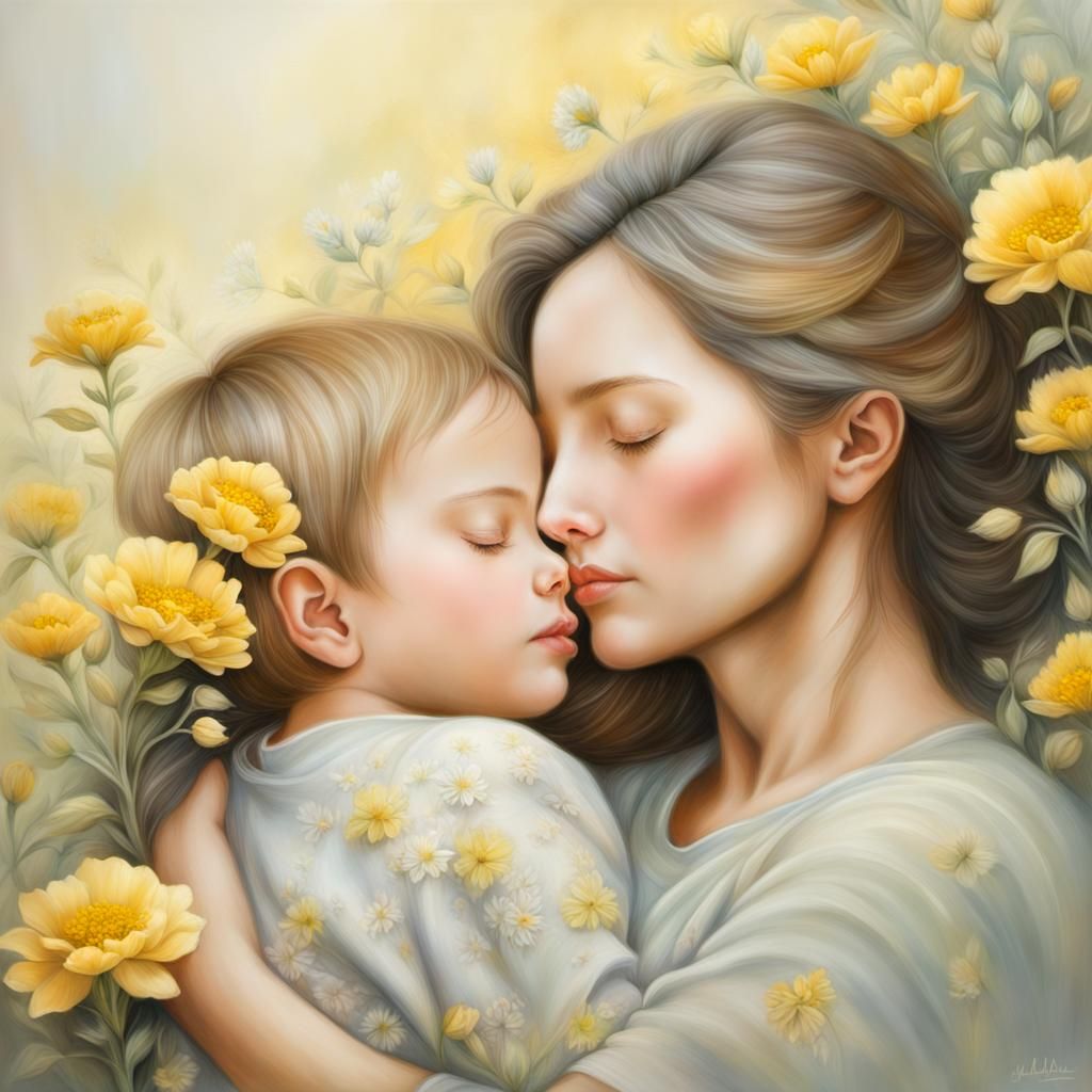 Tender Moment: Mother and Child in Pastel Haze
