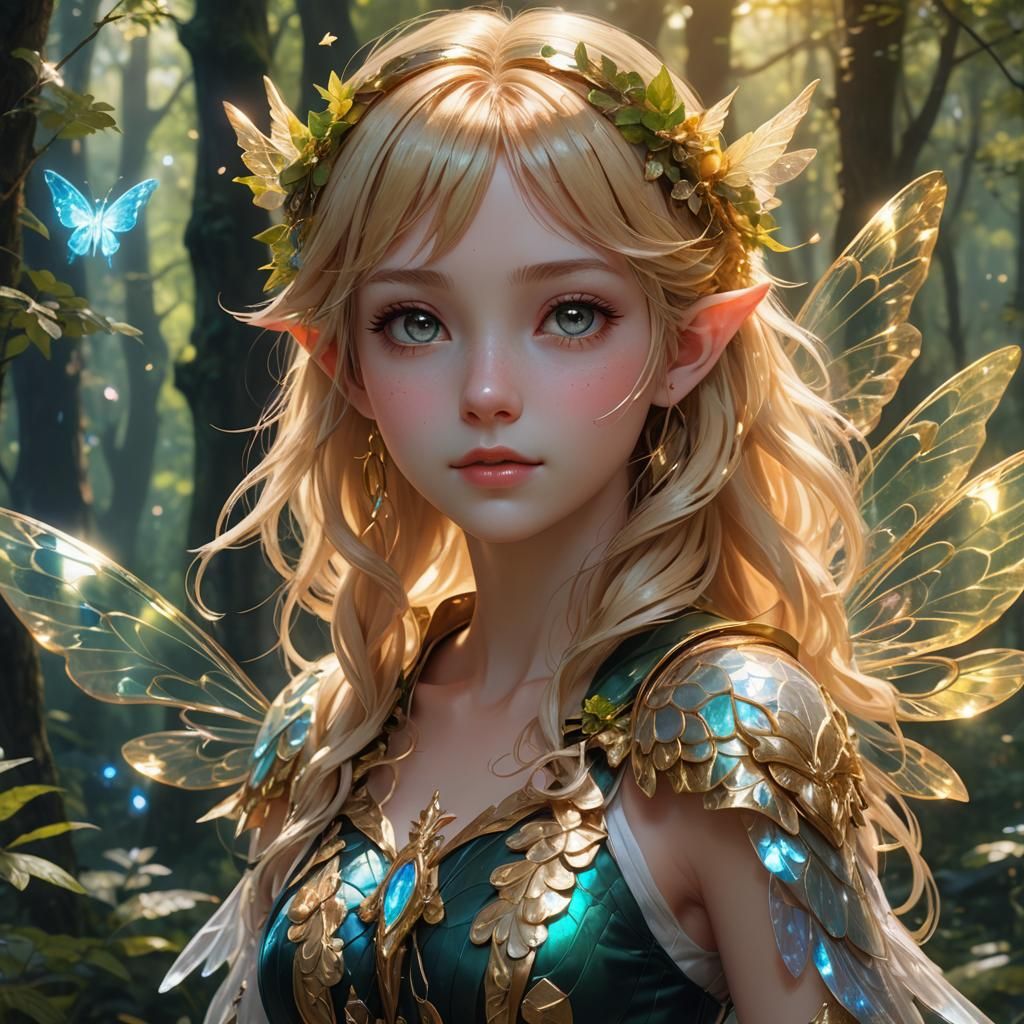 Anime Style Fairy Portrait with Holographic Wings