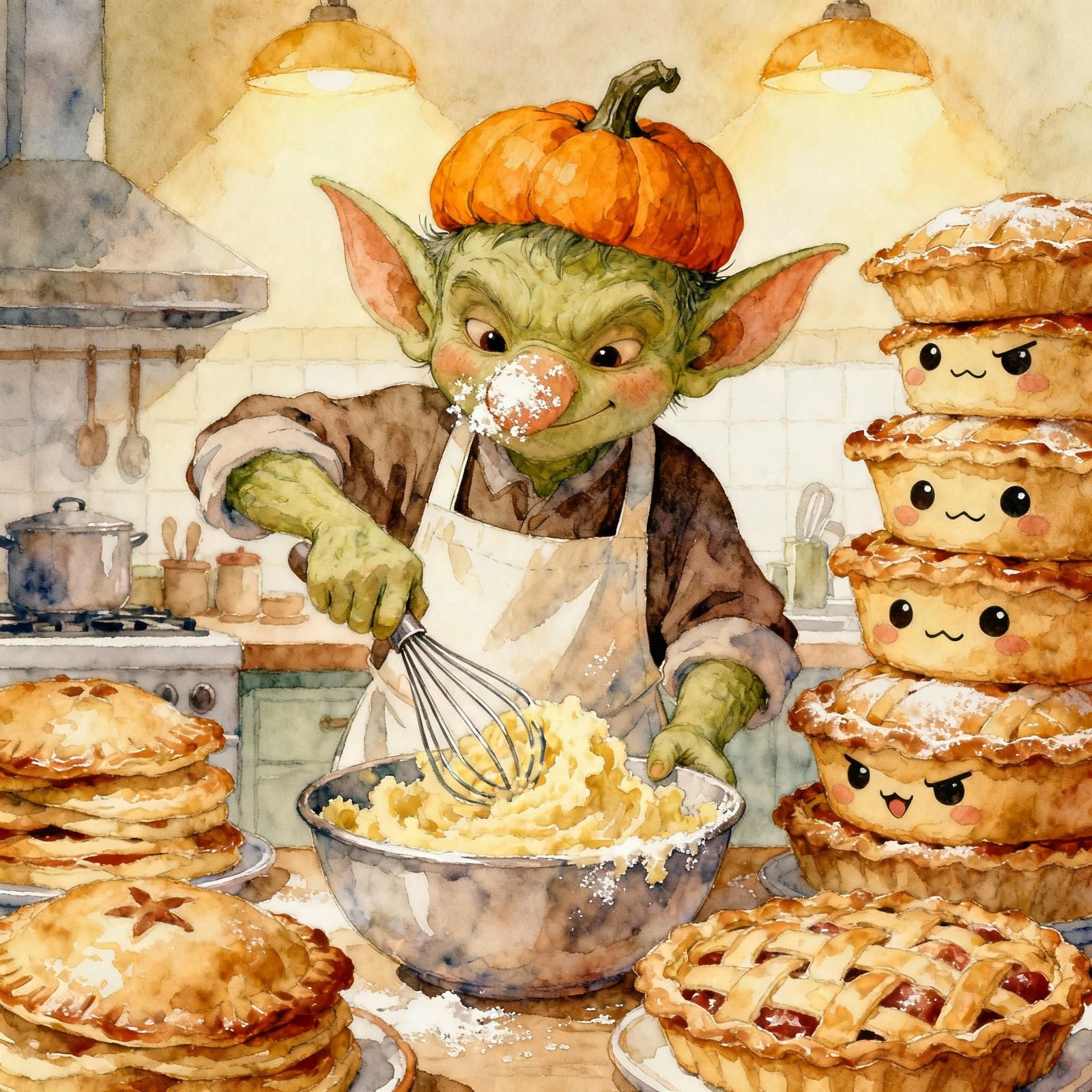 Adorable Goblin Chef Prepares Cozy Feast in Whimsical Kitche...