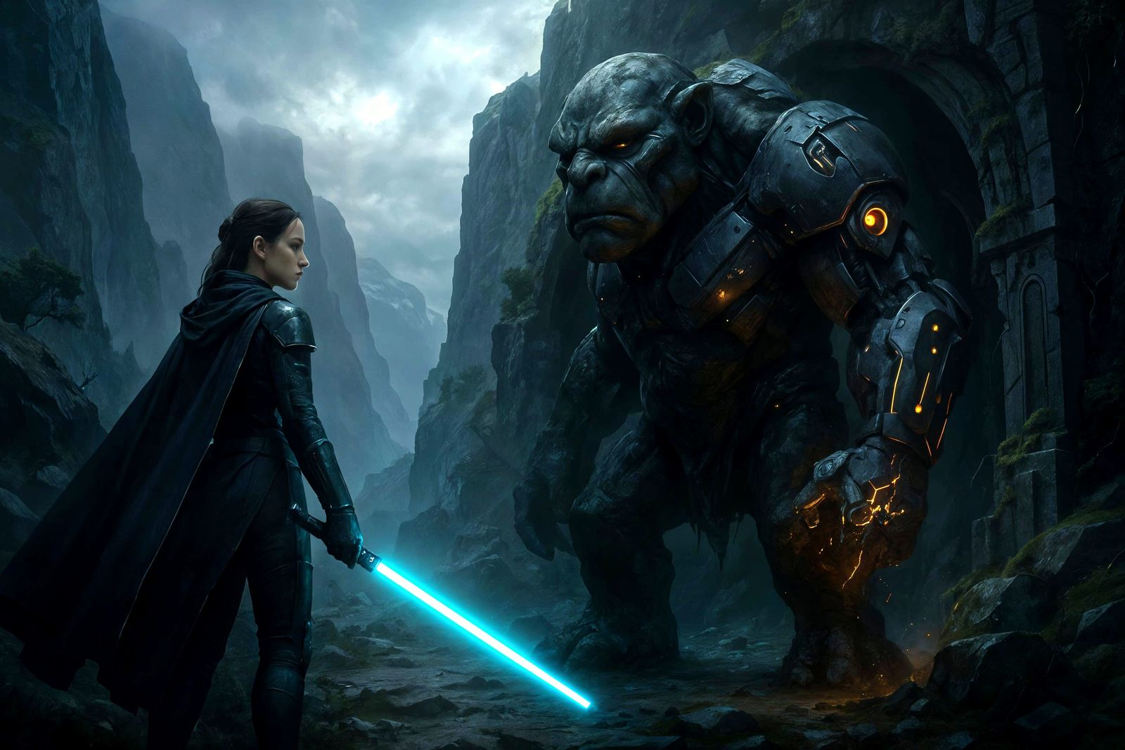 Sci-Fi Fairytale: Female Warrior Confronts Augmented Troll