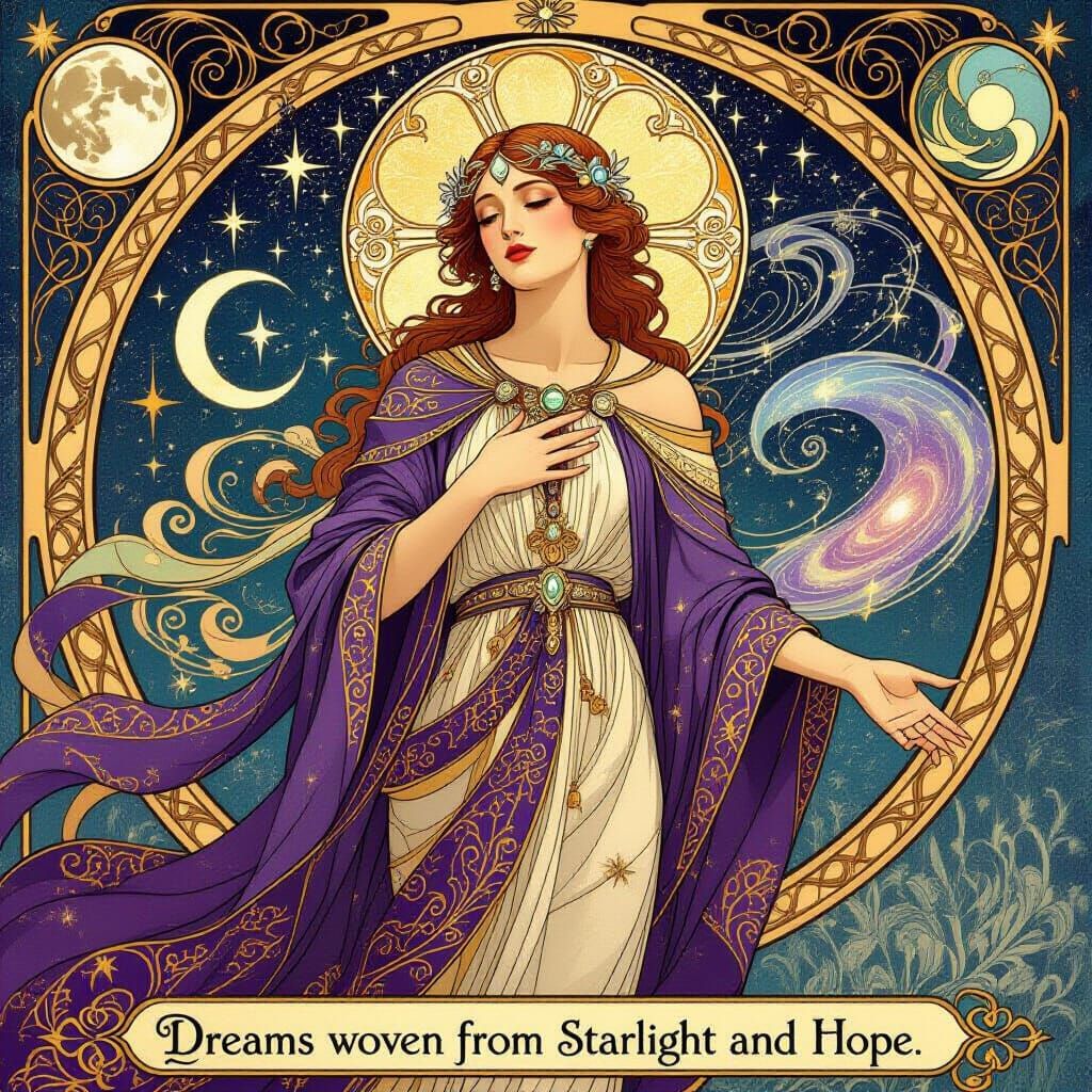 Luminous Figure in Jewel-Toned Art Nouveau Style