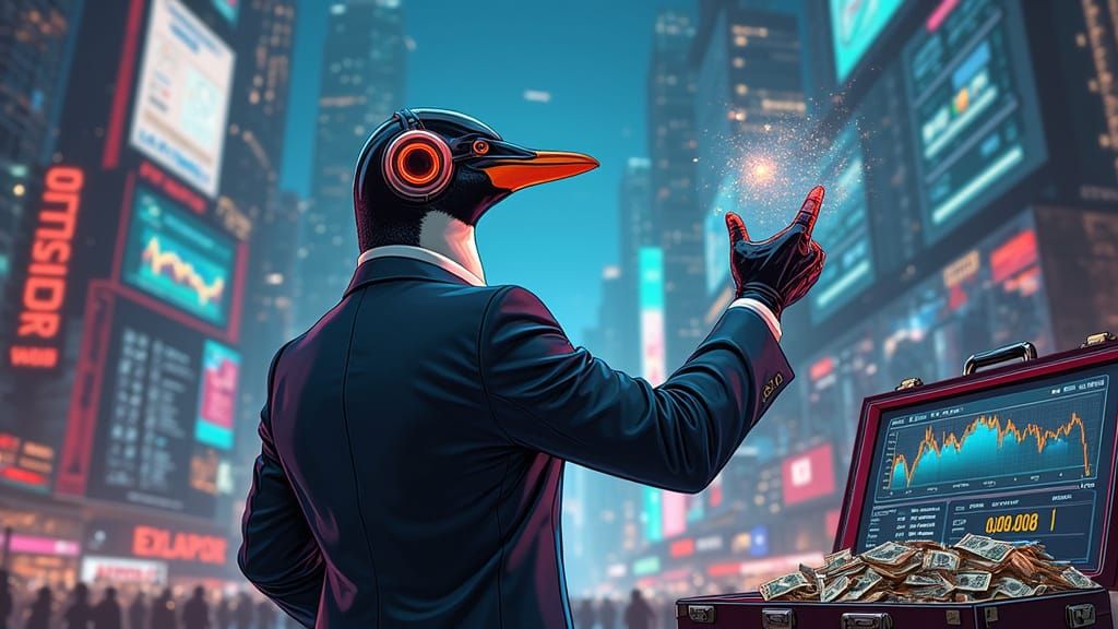 Penguin Stock Trader in Dystopian Cyberpunk Cityscape