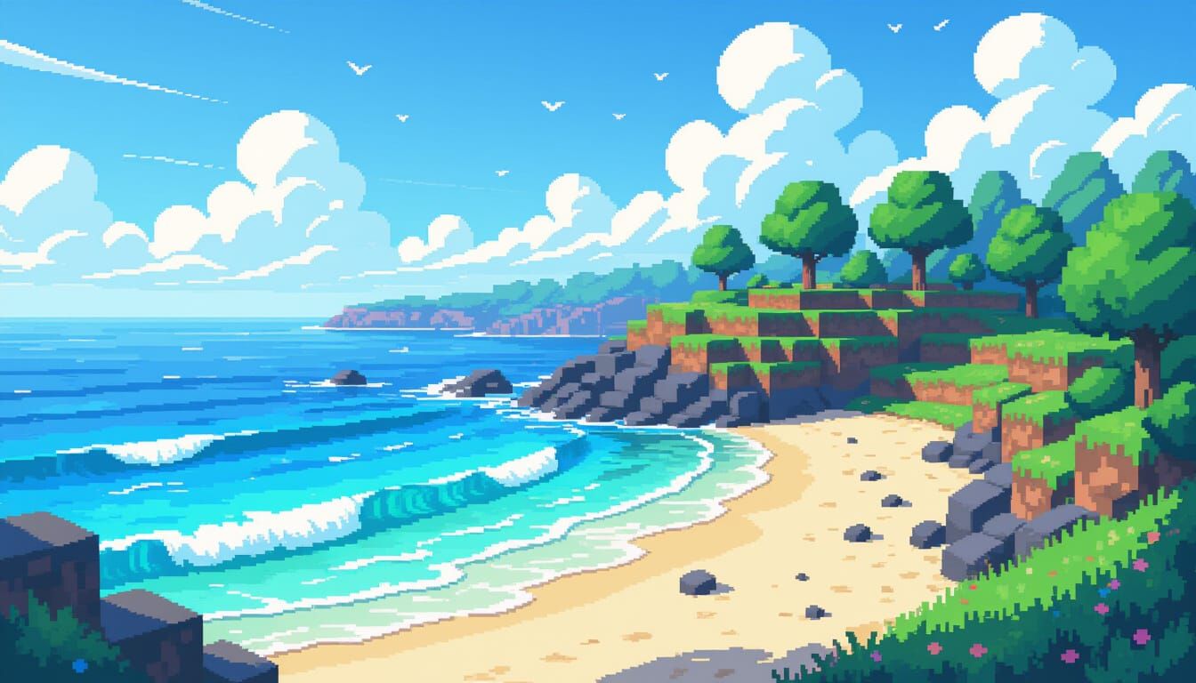 Minecraft Landscape Meets Serene Coast: Digital Art