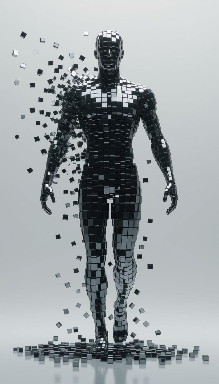 3D Render of Disintegrating Cube-Human Figure
