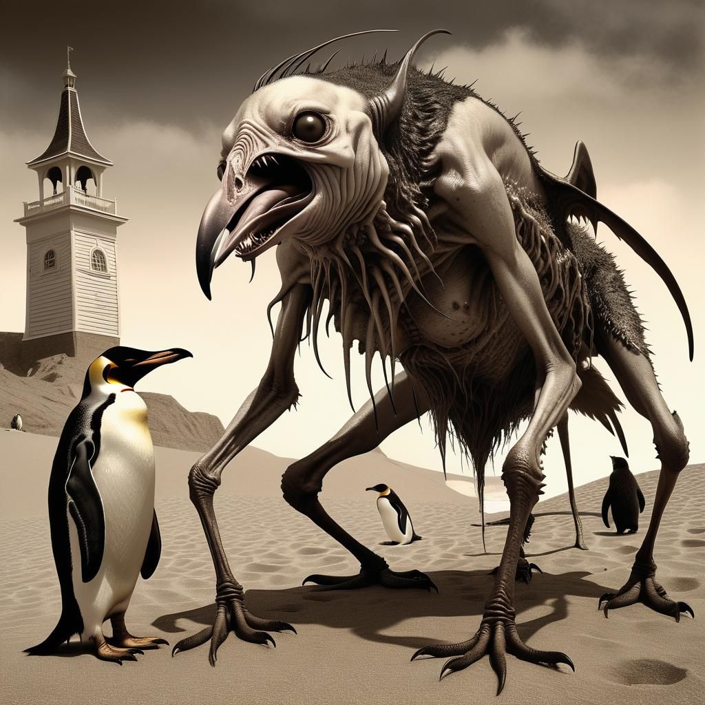 Grotesque Daemon and Penguin in Sepia Horror
