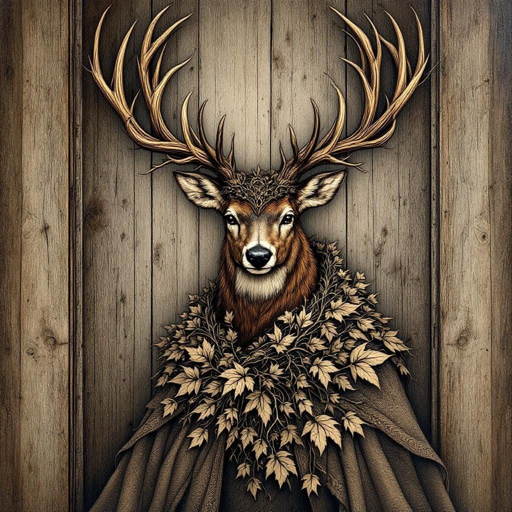 Majestic Buck in Pyrography Style with Ornate Antlers