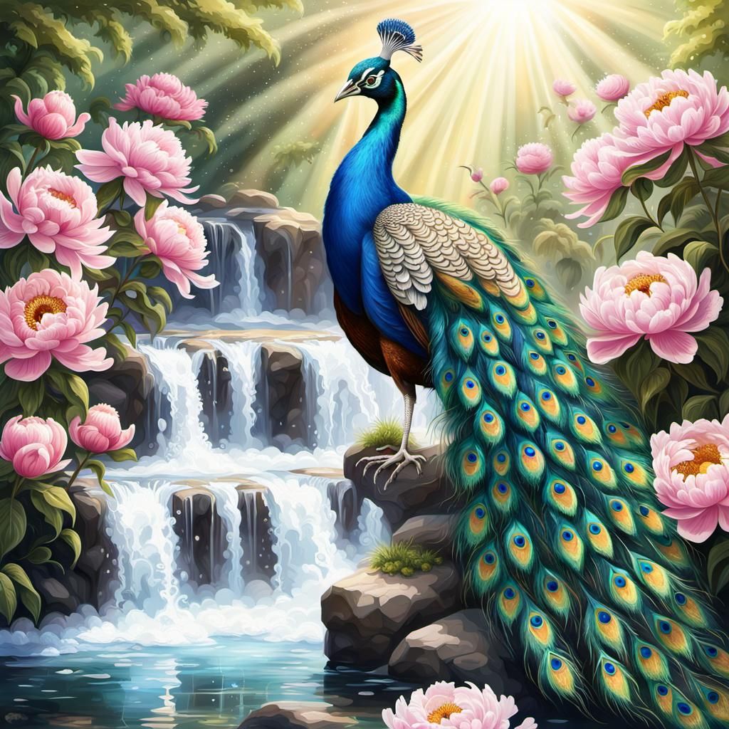 Photorealistic Peacock Displaying Feathers in a Sunlit Garde...