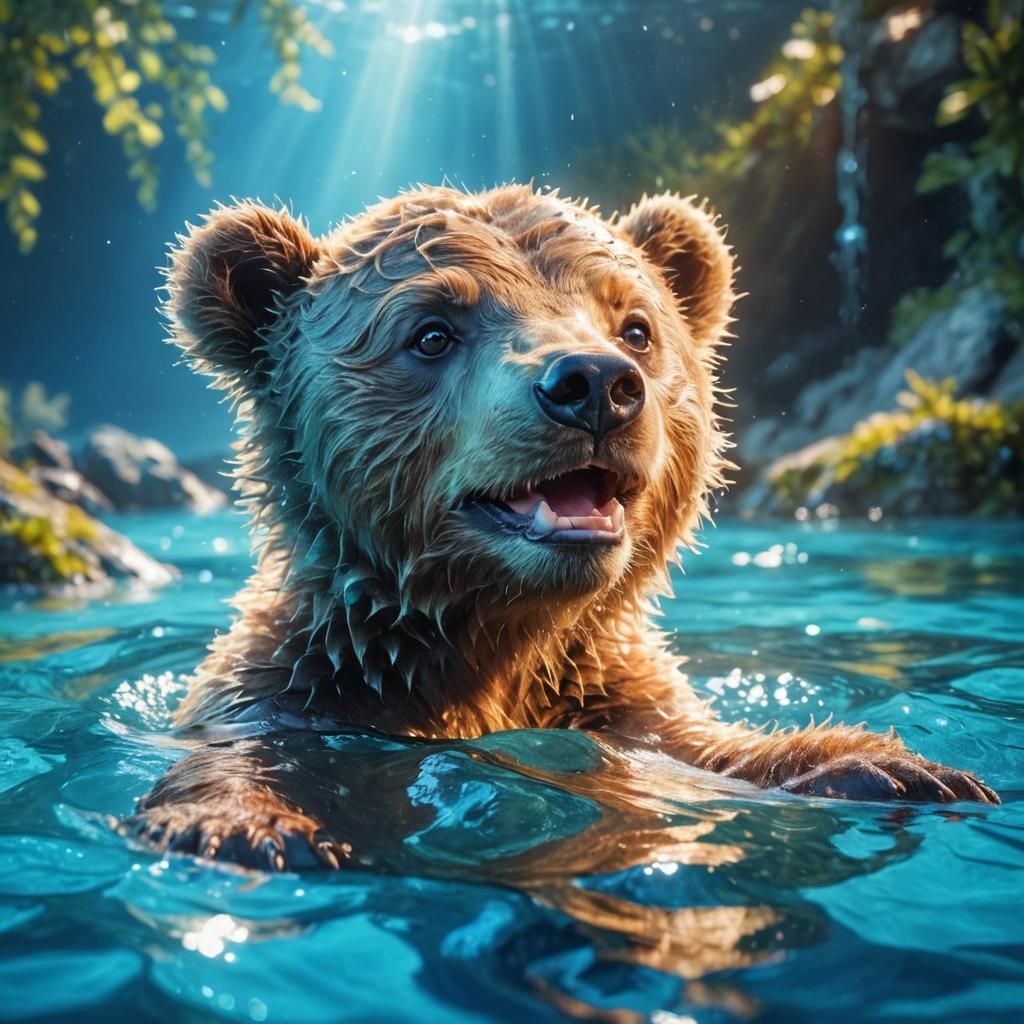 Joyful Bear Cub Swimming in Bright Blue Water