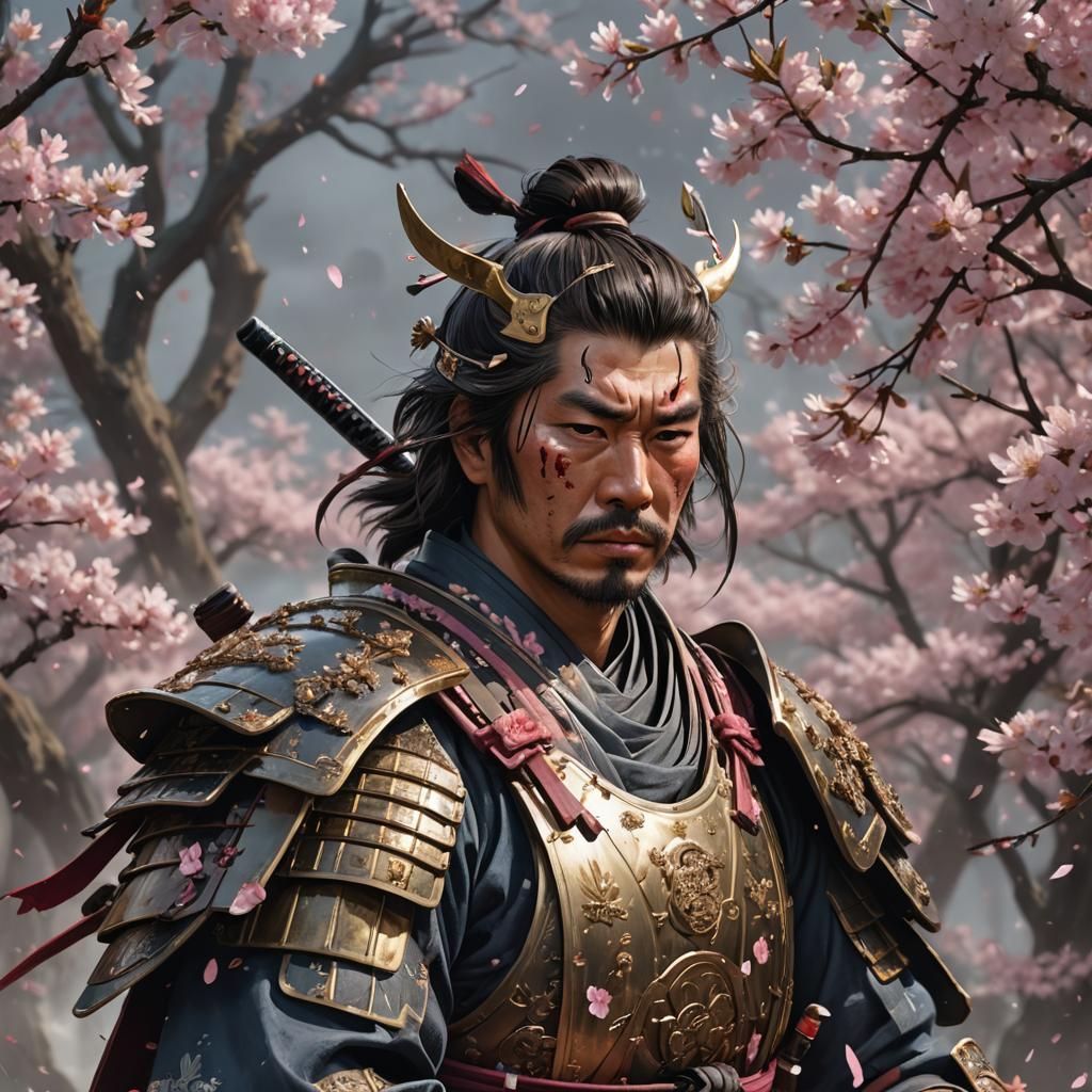 Samurai Warrior Portrait with Cherry Blossoms
