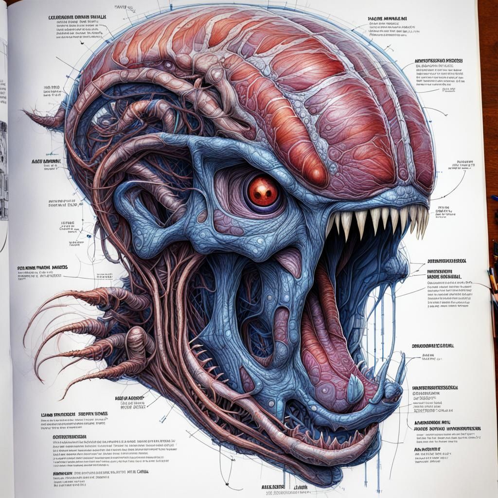 Monstrous Parasite Blueprint in Graphic Novel Style