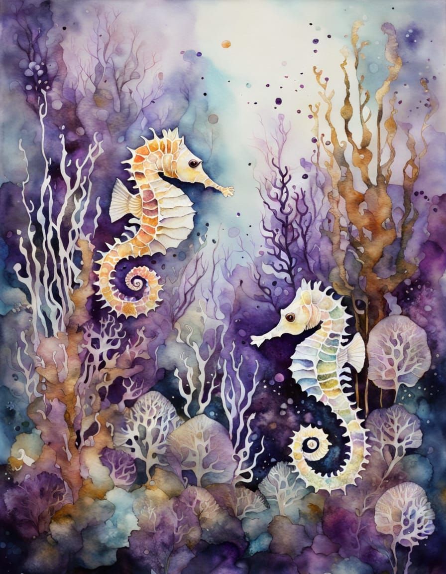Vibrant Coral Reef Scene with Delicate Seahorses in Pastel H...