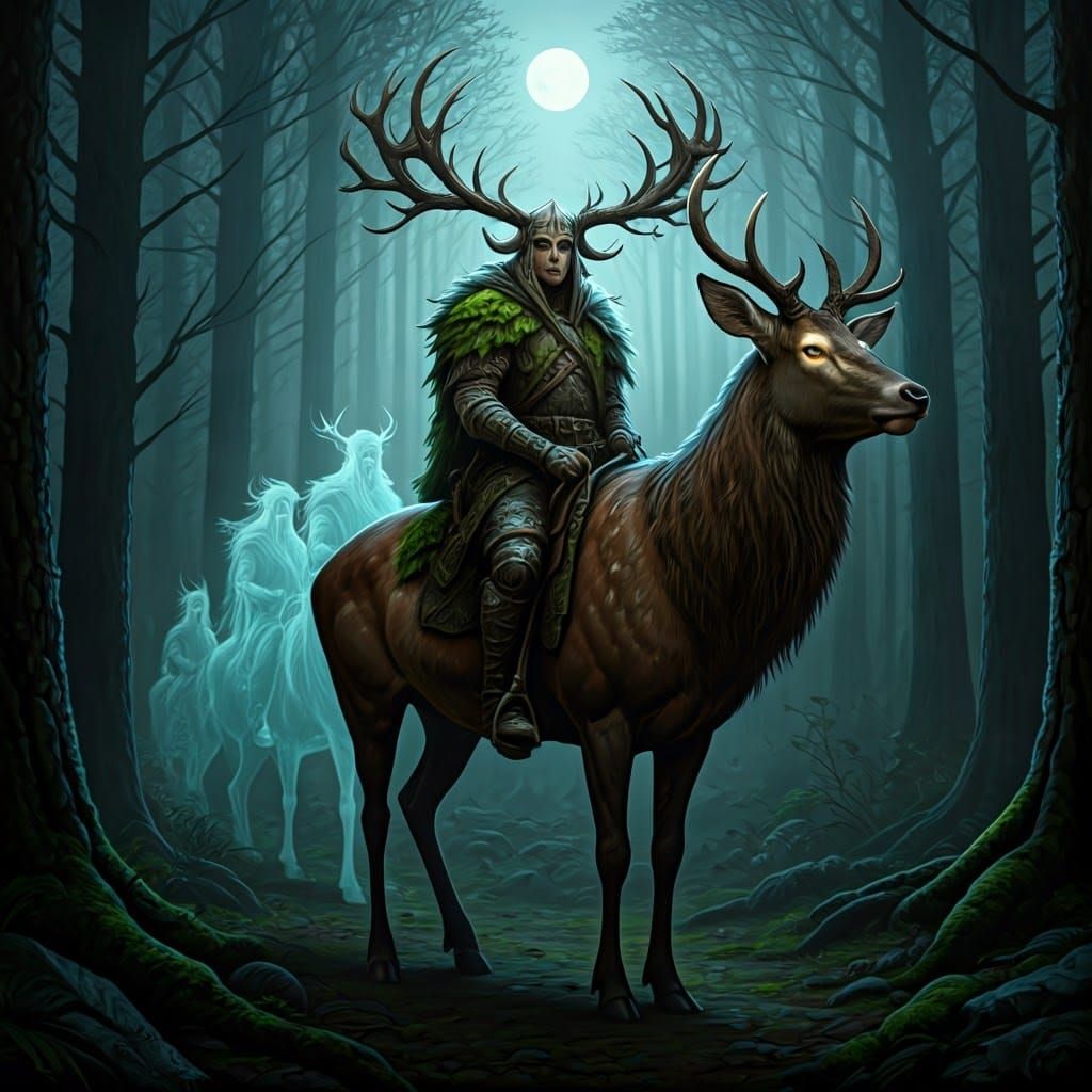 Horned God Leads Ethereal Hunt Through Misty Forest