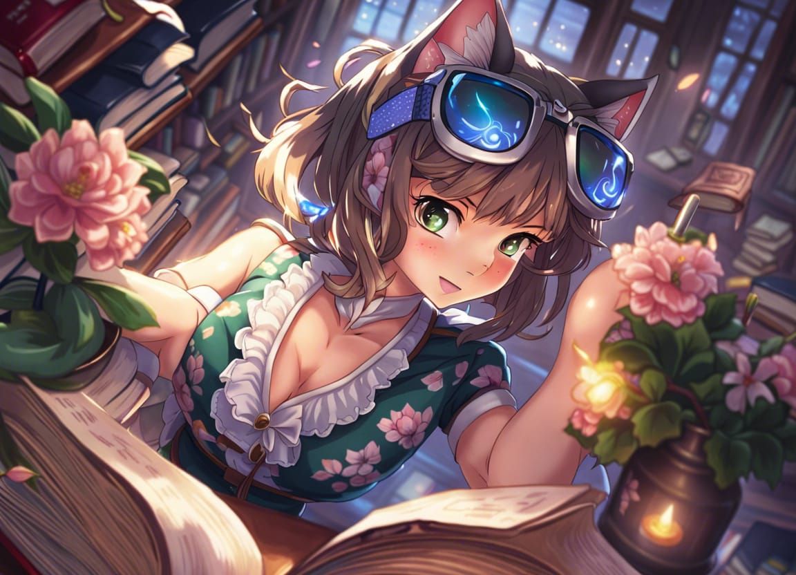 Gorgeous Cat Girl Librarian in Anime Style
