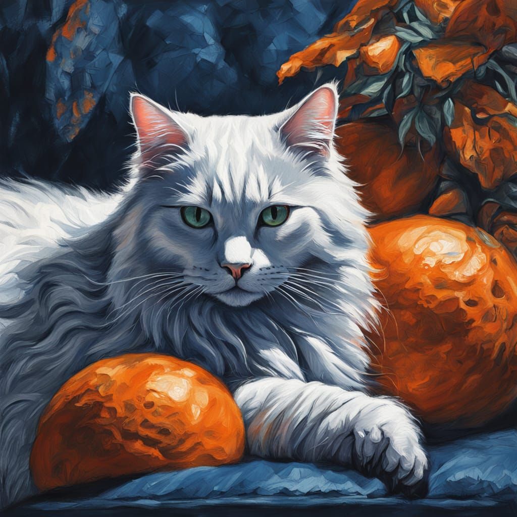 White Cat on Couch: Hyperdetailed Charcoal Gouache Drawing