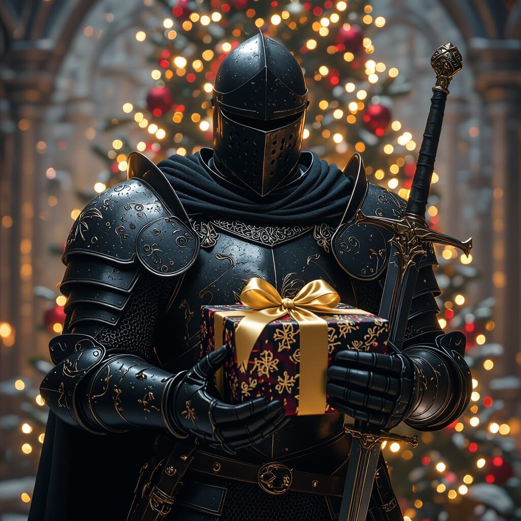 Black Knight with Gift and Sword by Christmas Tree